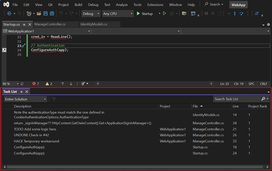 Visual Studio Task List showing tracked comment tokens