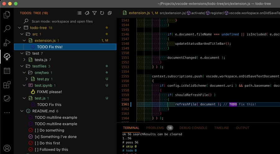 VS Code ToDo Tree extension showing tracked tokens