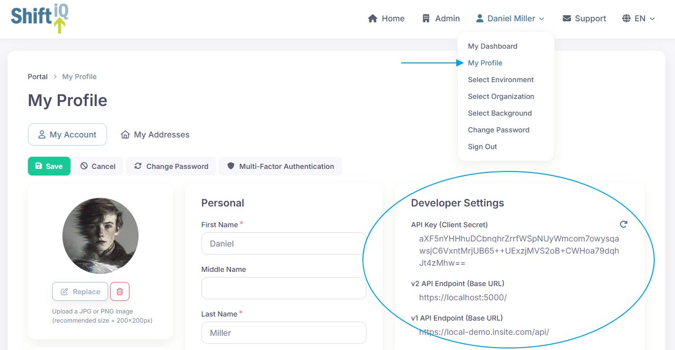 My Profile page showing developer settings