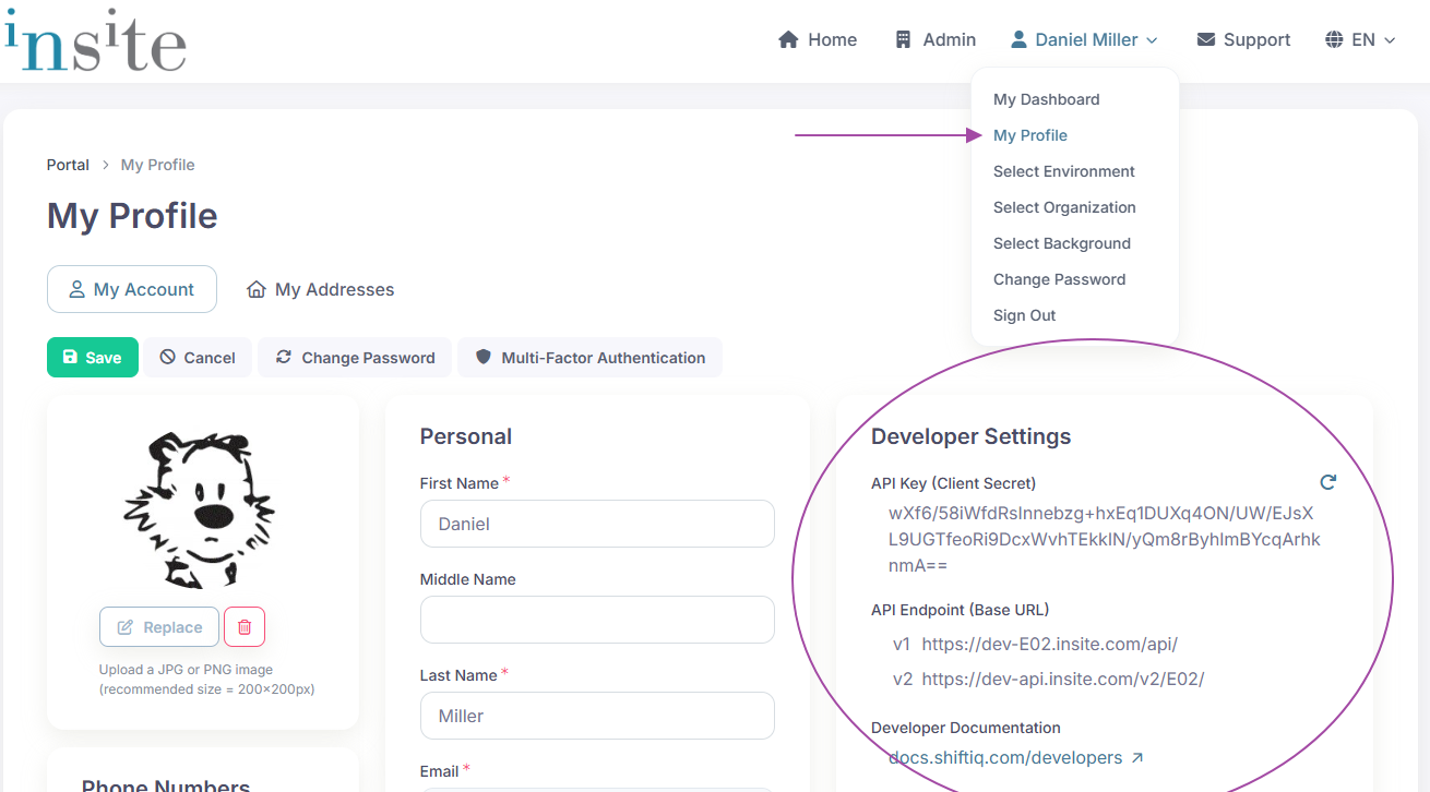 Developer Settings panel on the My Profile page