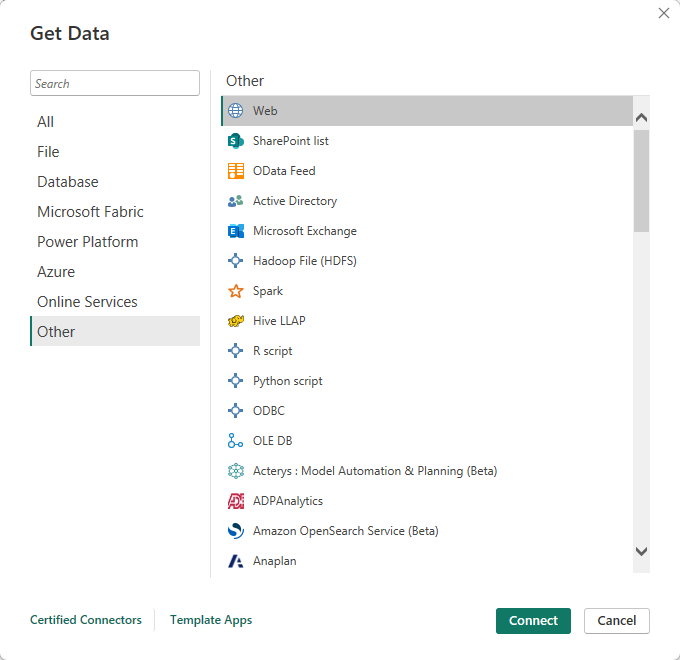 Selecting Web as the data source type in Power BI