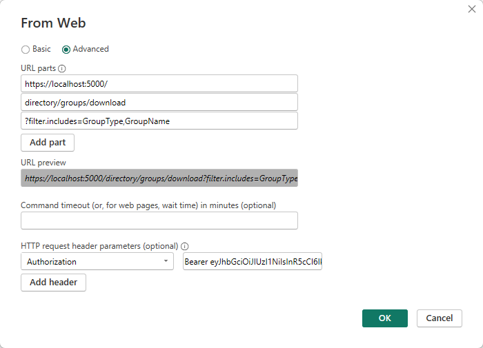 From Web dialog box with URL parts and Authorization header